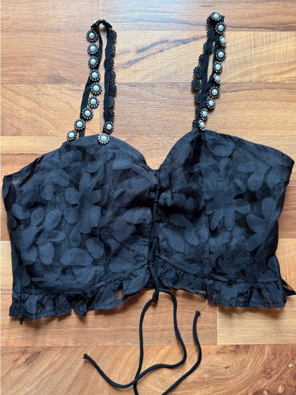 Nasty Gal Black Floral Jacquard Beaded Strap Crop Top
